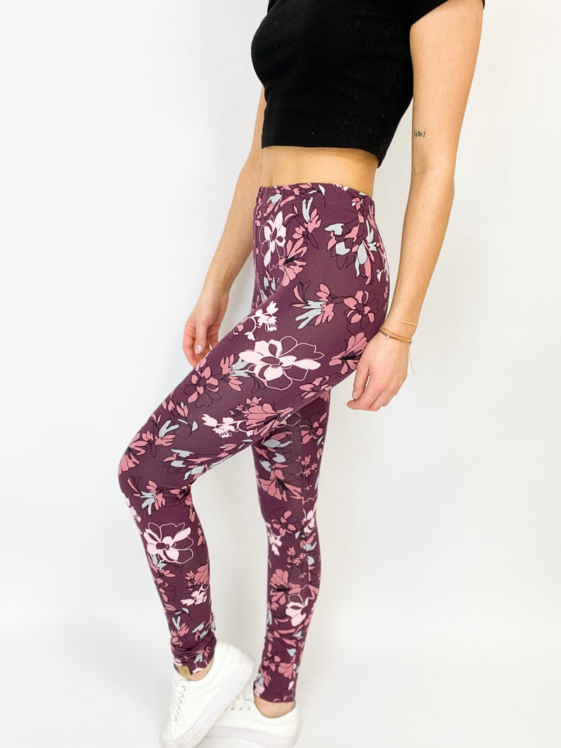 RONJA | Leggings | Aubergine mit lila/rosa Blüten